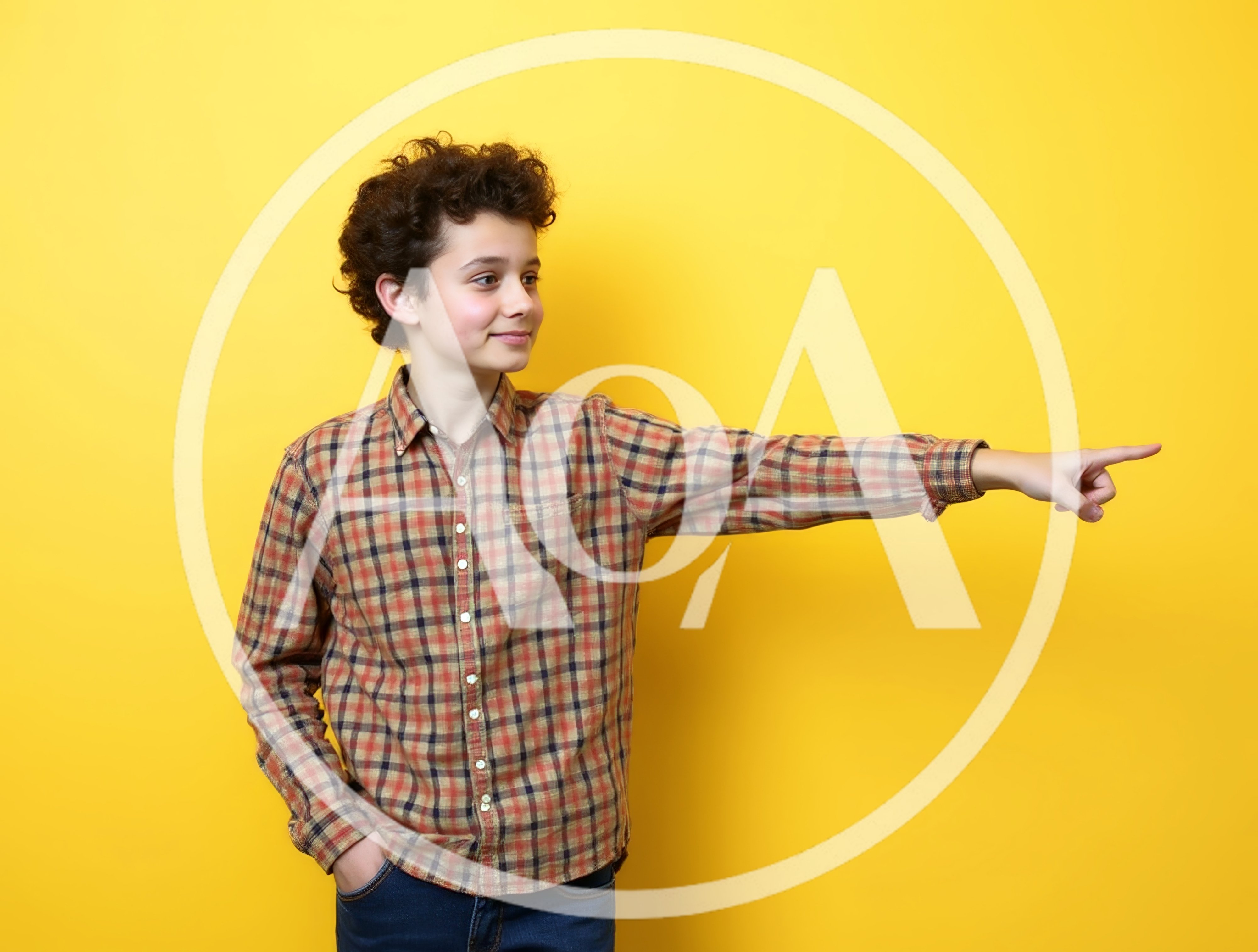 Young Boy Pointing To The Side Against Yellow Background