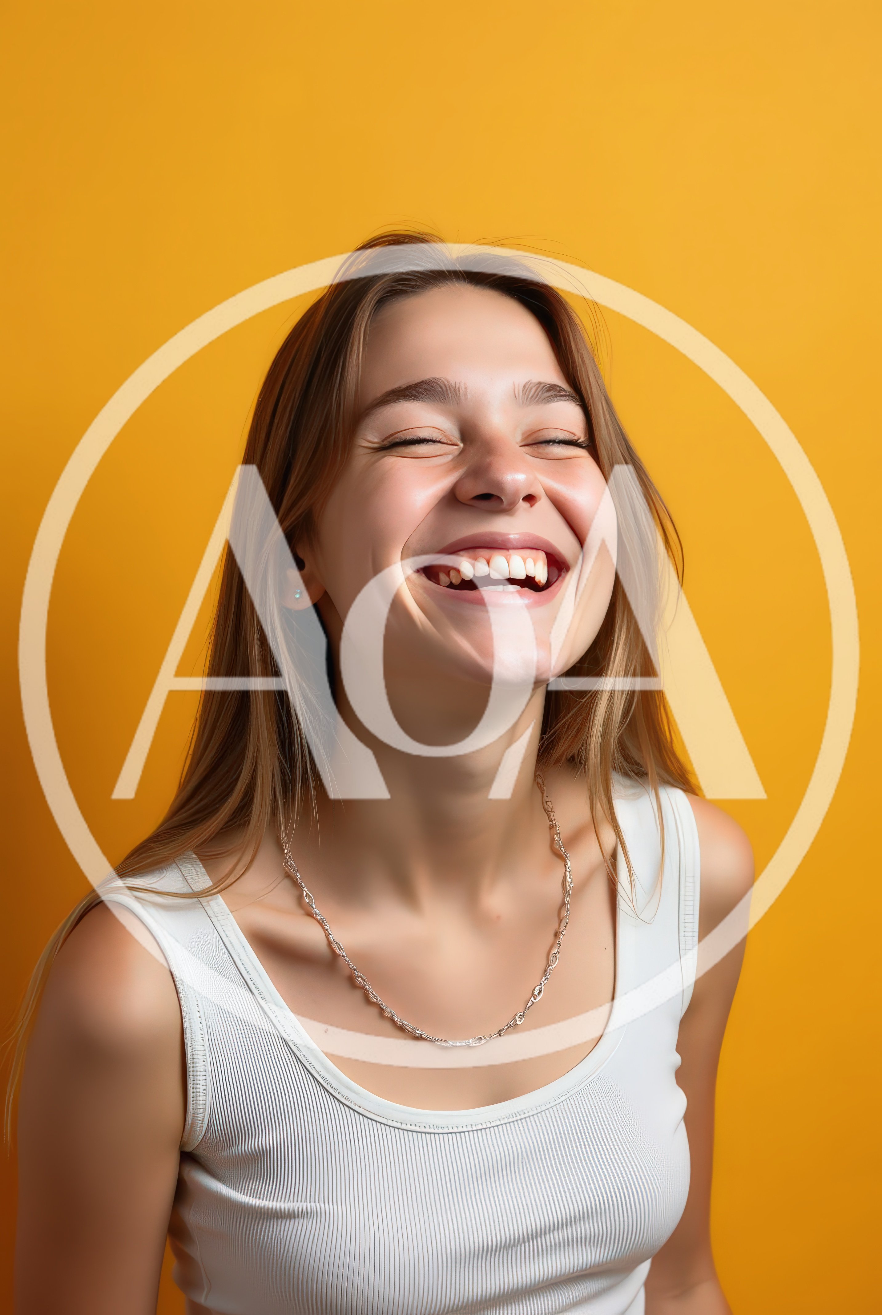 Young Woman Laughing Joyfully Against Yellow Background