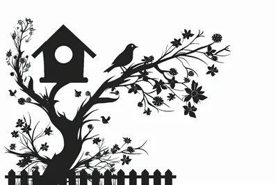 Black Silhouette Illustration of a Tree with Birdhouse