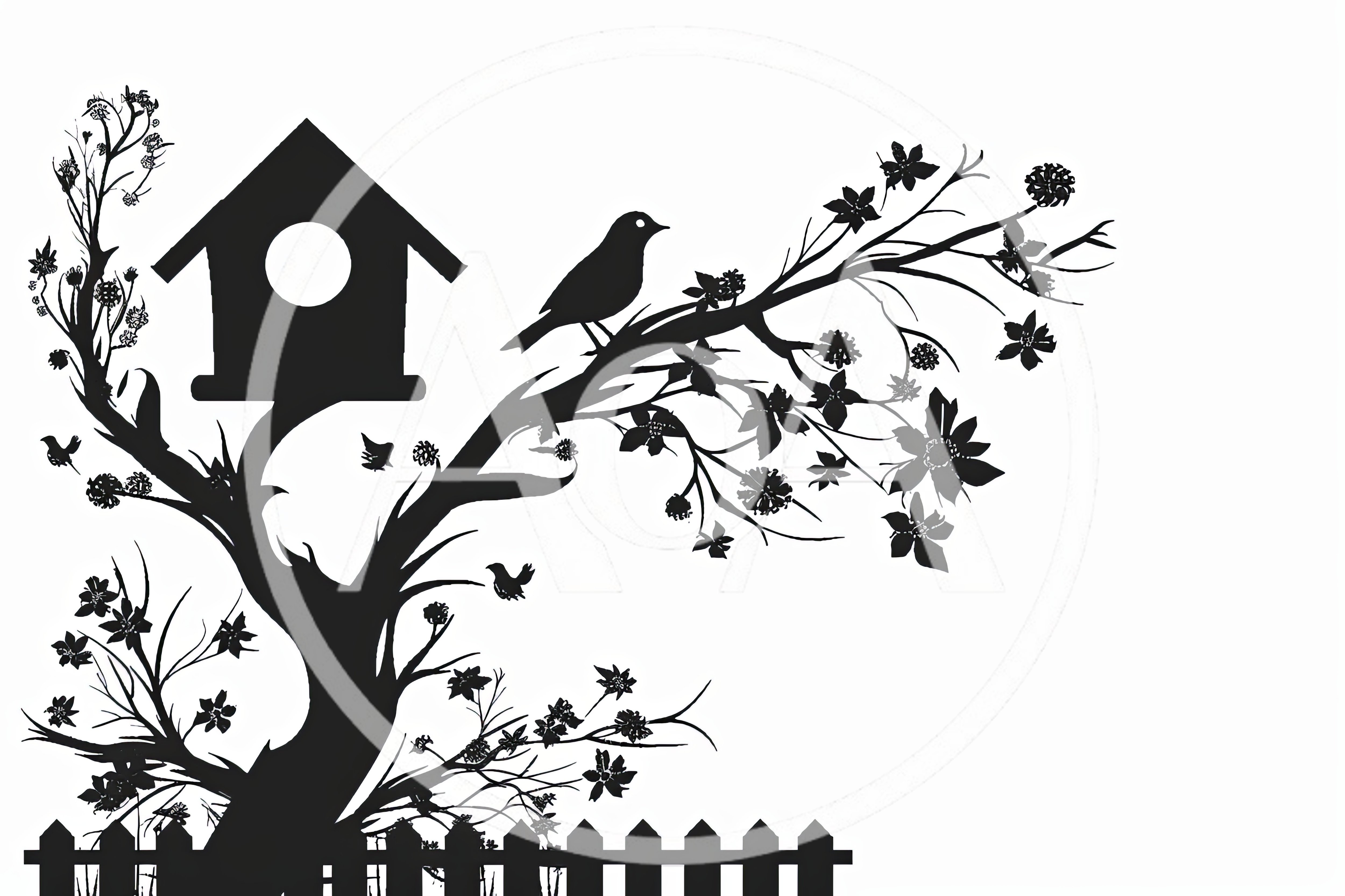 Black Silhouette Illustration of a Tree with Birdhouse