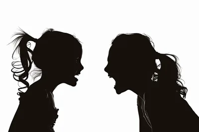 Silhouette Of Two Girls Arguing Face To Face