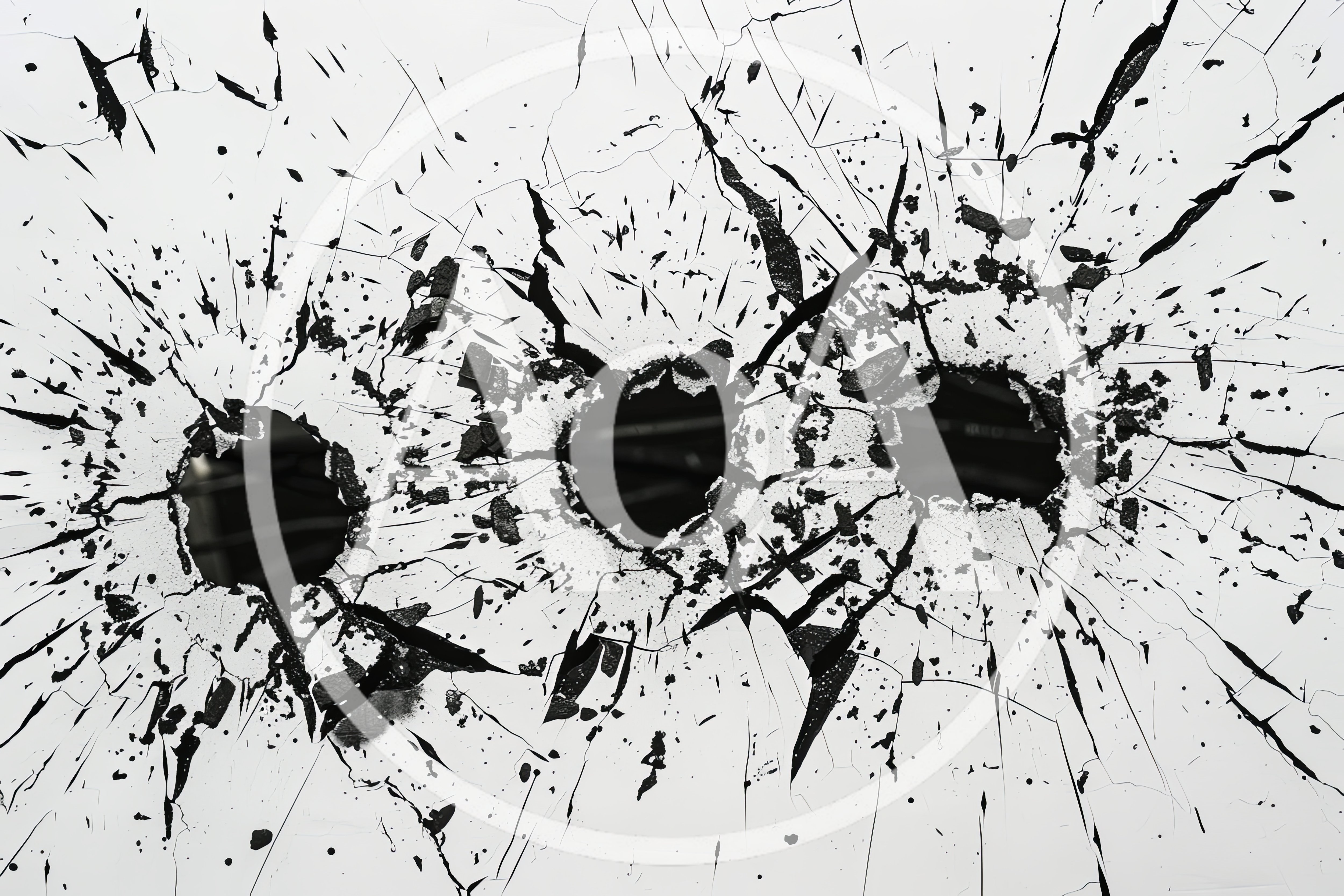 Two Bullet Holes In Shattered White Glass