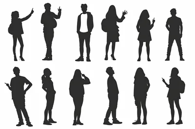 Set Of Twelve Student Silhouettes In Various Poses