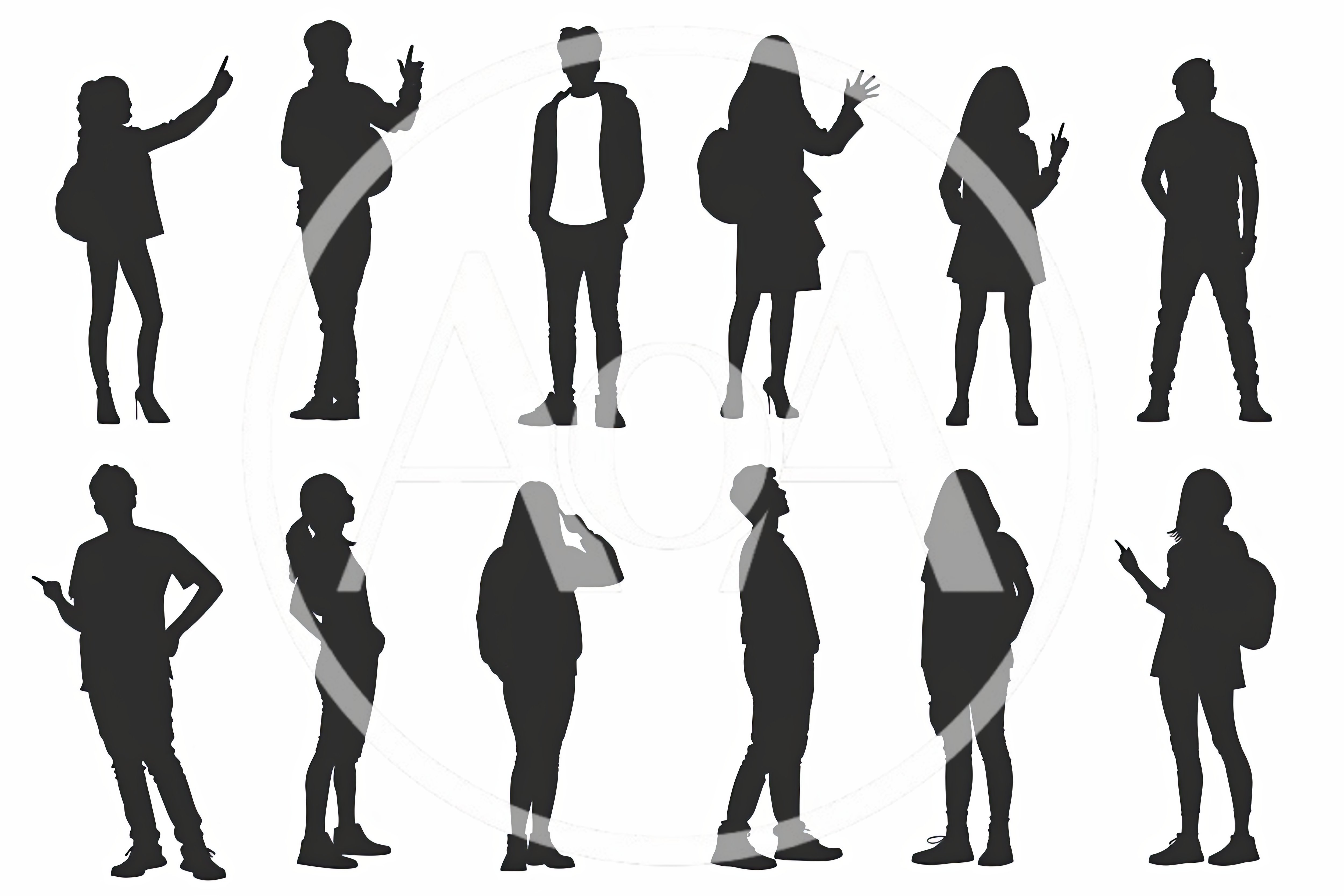 Set Of Twelve Student Silhouettes In Various Poses