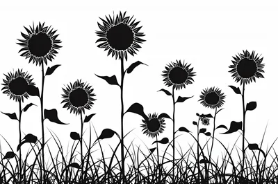 Black Silhouette Of Sunflowers In A Grassy Field