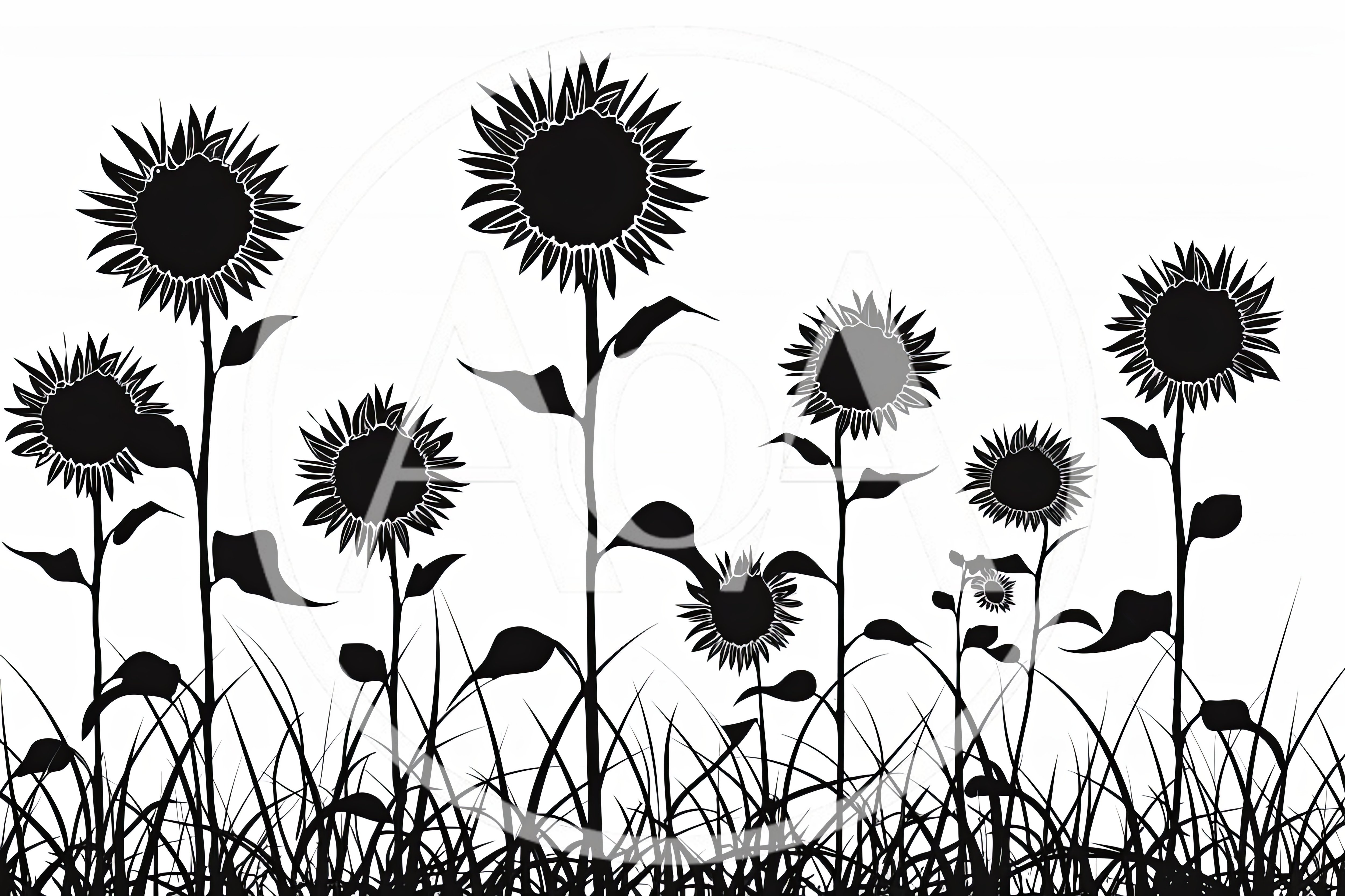 Black Silhouette Of Sunflowers In A Grassy Field