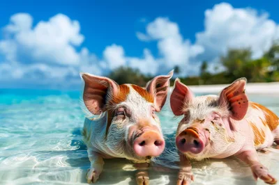 Two Cute Pigs Swimming In Tropical Ocean Water