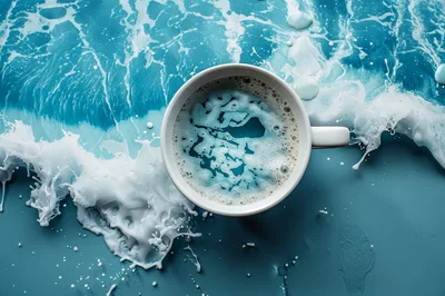 Coffee Cup Surrounded By Ocean Wave Splash