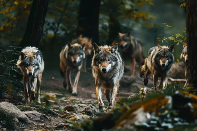 Pack of Gray Wolves Walking Through a Forest