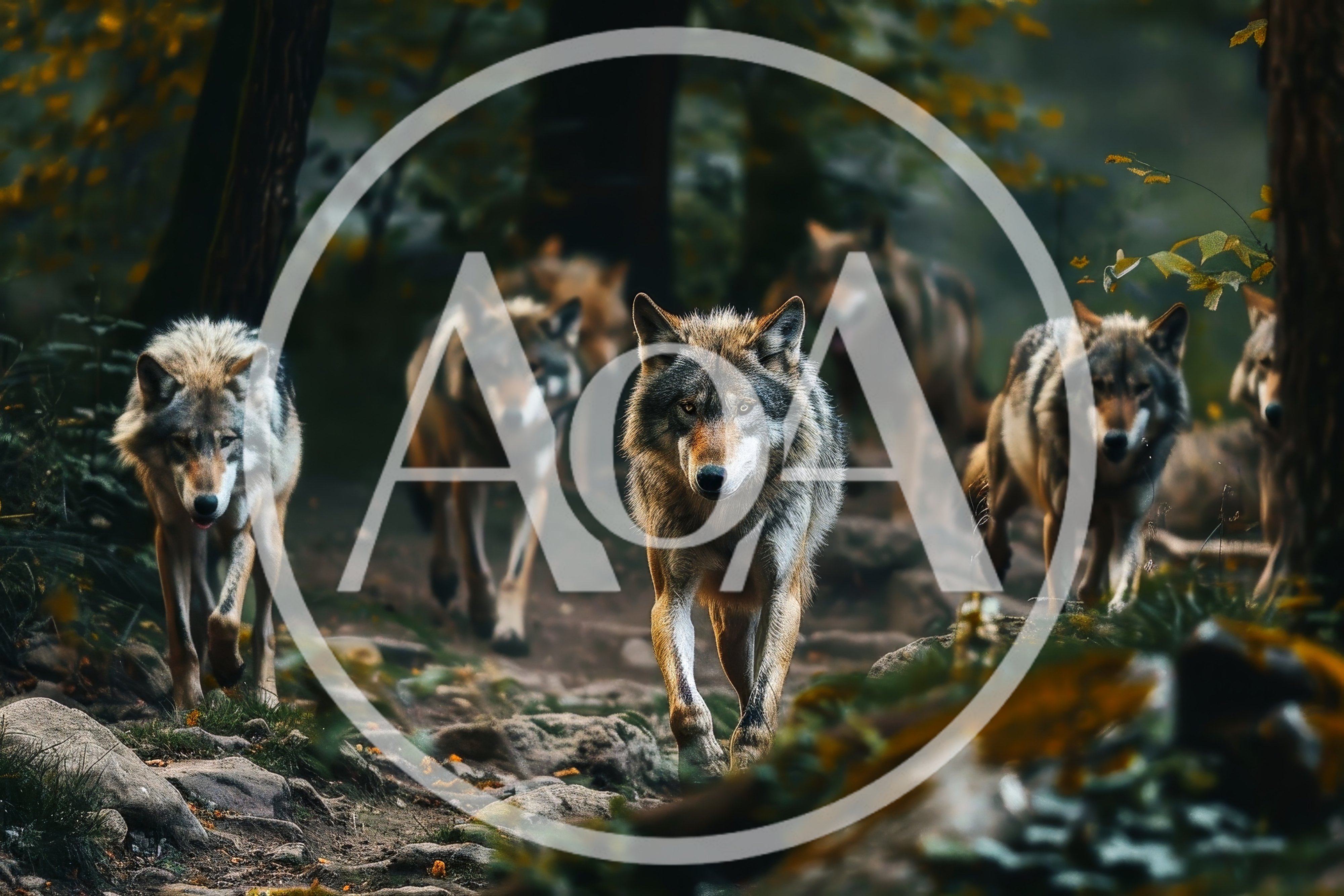 Pack of Gray Wolves Walking Through a Forest