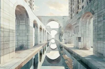 Surreal Architectural Arches Over A Reflective Water Canal
