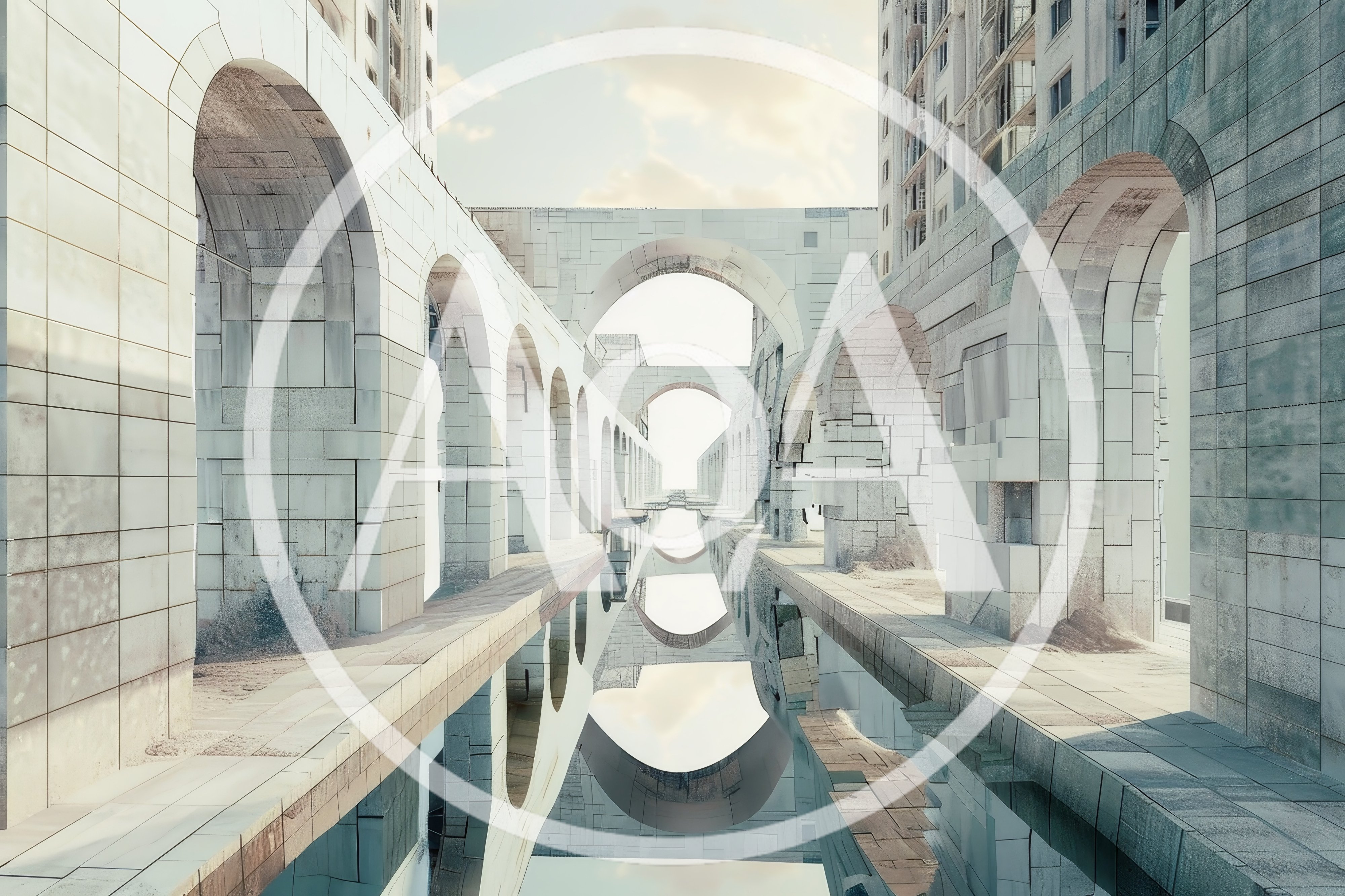 Surreal Architectural Arches Over A Reflective Water Canal