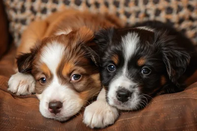 Two Adorable Australian Shepherd Puppies Resting Together
