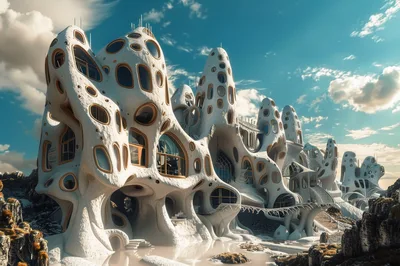 Futuristic Organic Architecture Complex In A Rocky Landscape