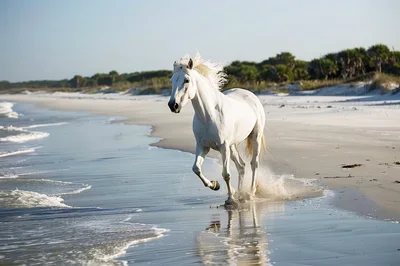 White Horse Running Along A Sunny Beach