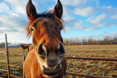 Close Up Portrait Of A Smiling Brown Horse