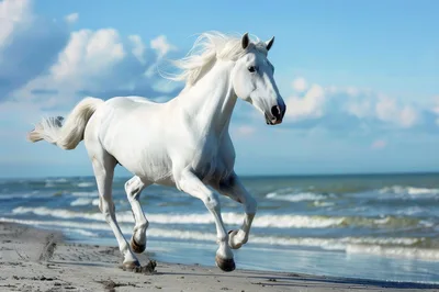 Majestic White Horse Galloping Along A Sandy Beach