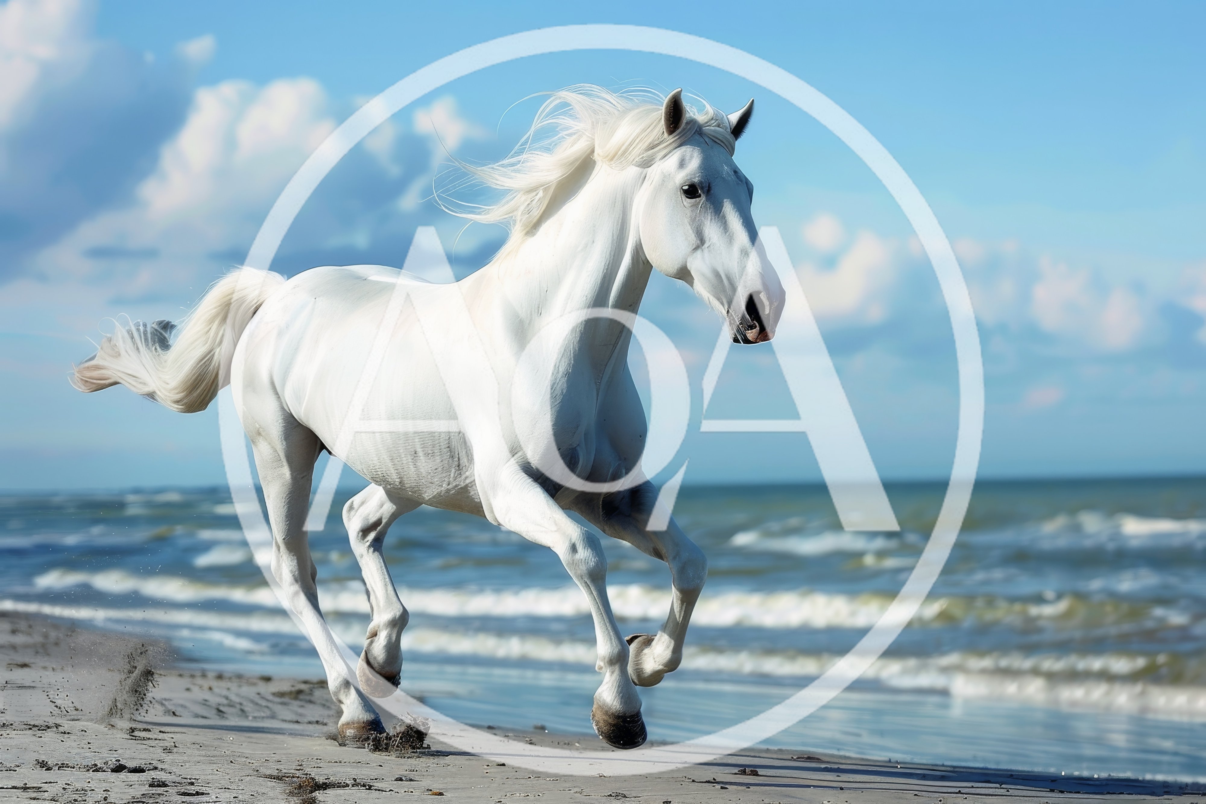 Majestic White Horse Galloping Along A Sandy Beach