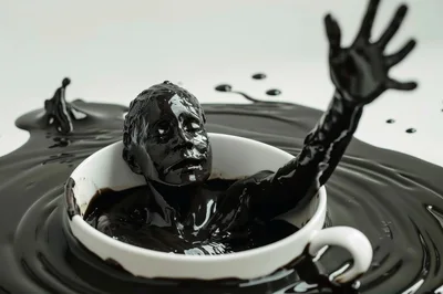 Human Figure Emerging From A Cup Of Black Liquid