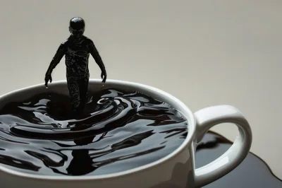 Miniature Human Figure Emerging From A Cup Of Coffee