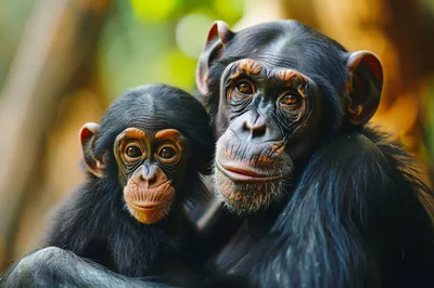 Mother Chimpanzee Holding Her Baby In The Forest