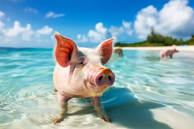 Piglet Standing In Shallow Tropical Beach Water