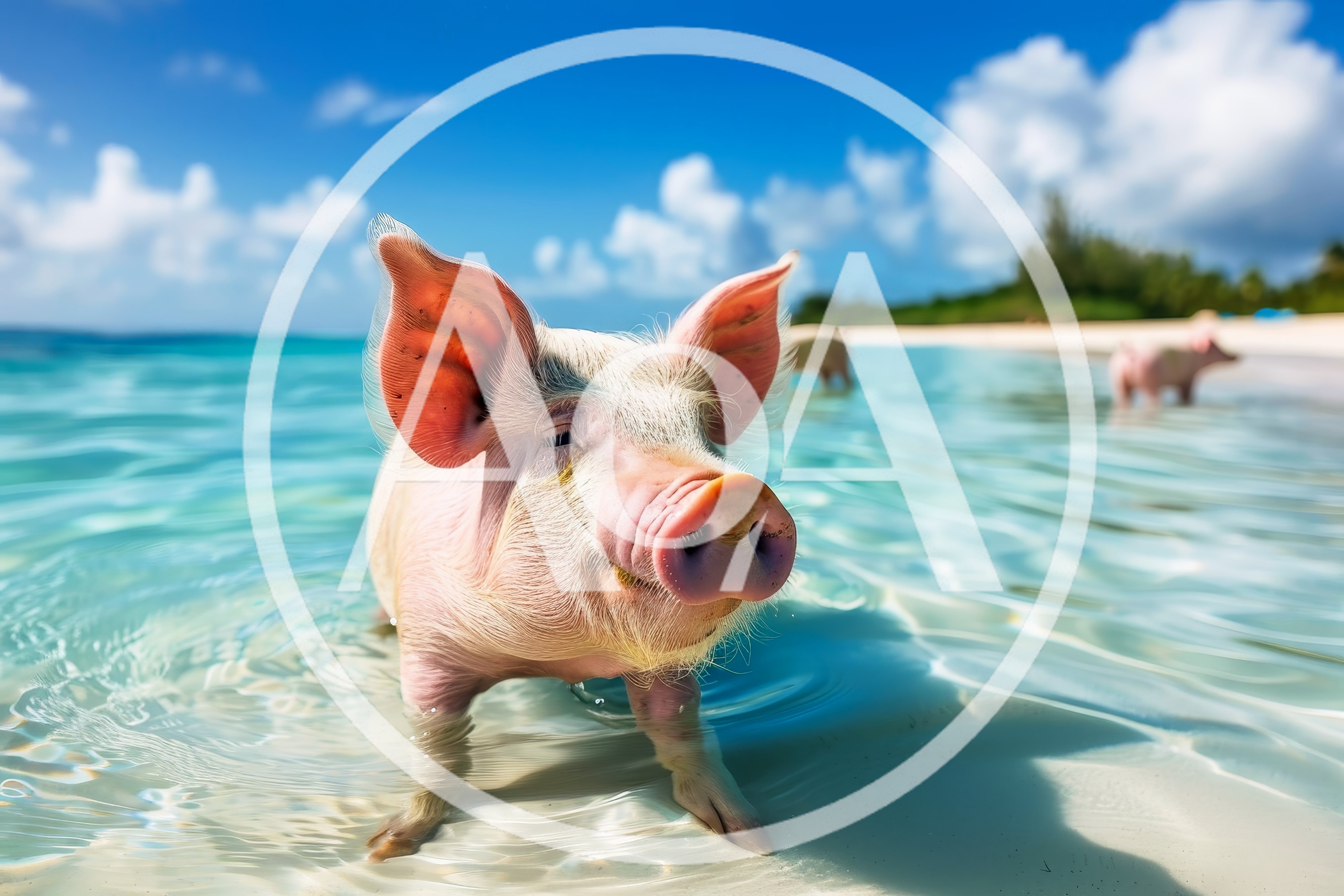 Piglet Standing In Shallow Tropical Beach Water