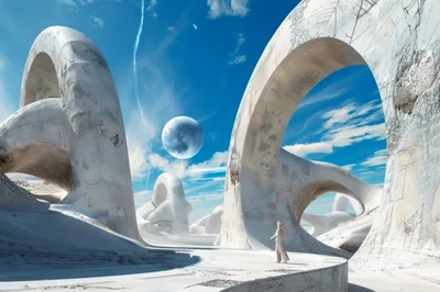 Surreal Sci-Fi Landscape With Giant White Arches