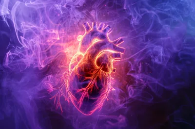 Glowing Anatomical Human Heart With Abstract Smoke Background