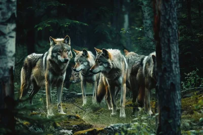 Pack of Gray Wolves Standing in a Misty Forest
