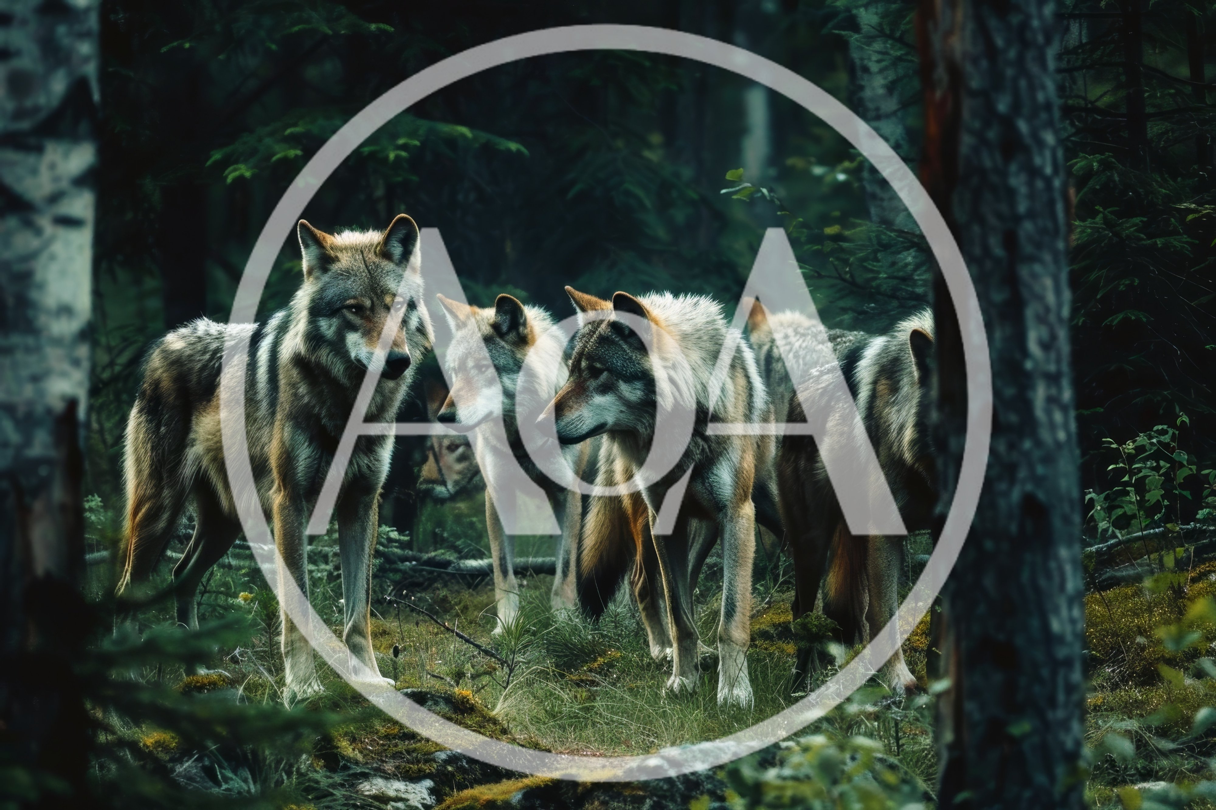 Pack of Gray Wolves Standing in a Misty Forest