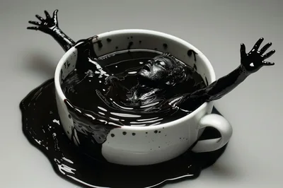 Human Figure Emerging From A Cup Of Black Liquid