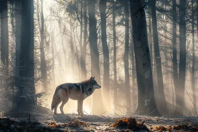 Gray Wolf Standing In A Misty Sunlit Forest
