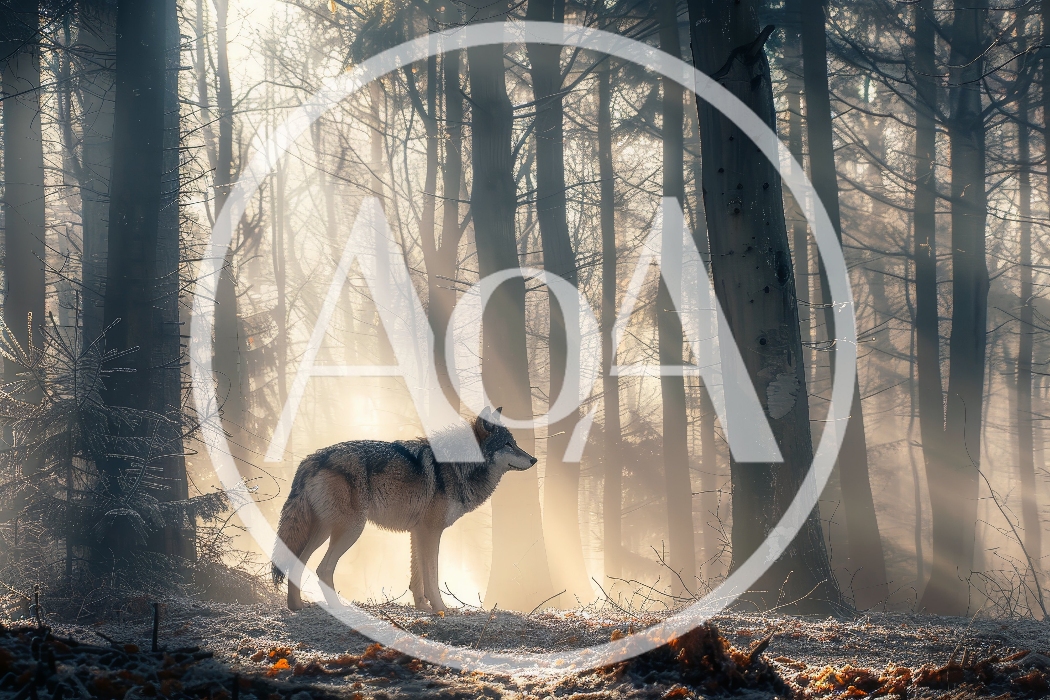 Gray Wolf Standing In A Misty Sunlit Forest