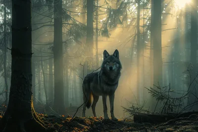 Majestic Gray Wolf Standing In Misty Forest