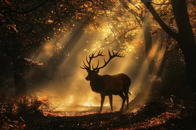 Majestic Red Deer Stag Standing In Golden Forest
