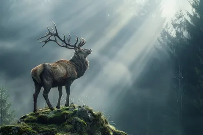 Majestic Red Deer Stag Standing On Mossy Rock