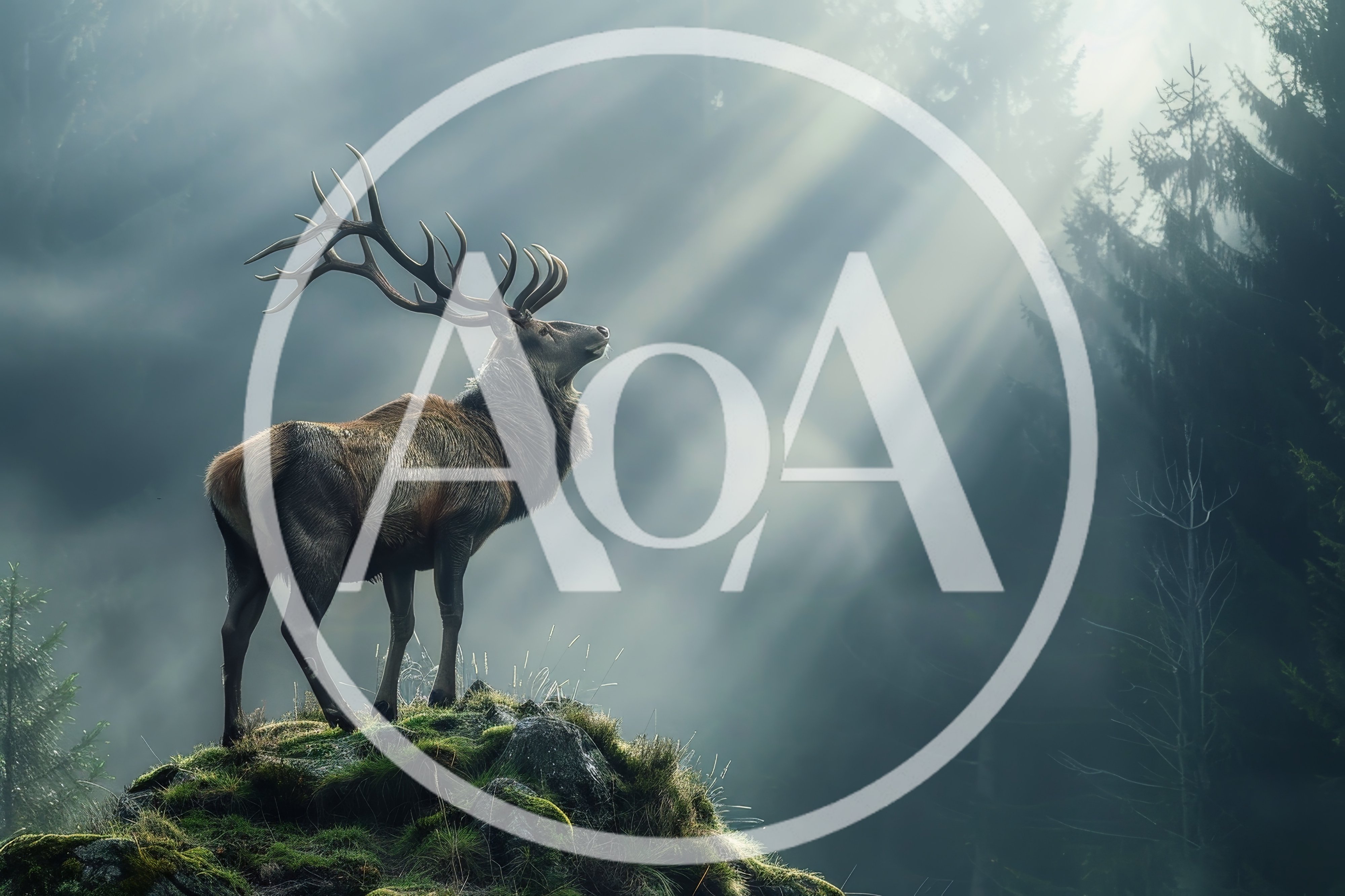 Majestic Red Deer Stag Standing On Mossy Rock