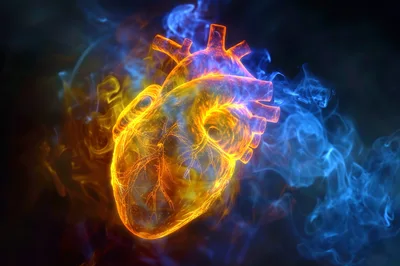 Glowing Anatomical Human Heart With Abstract Energy Smoke