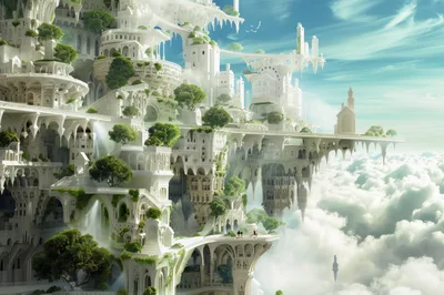 Fantasy White Marble City Floating Above Clouds