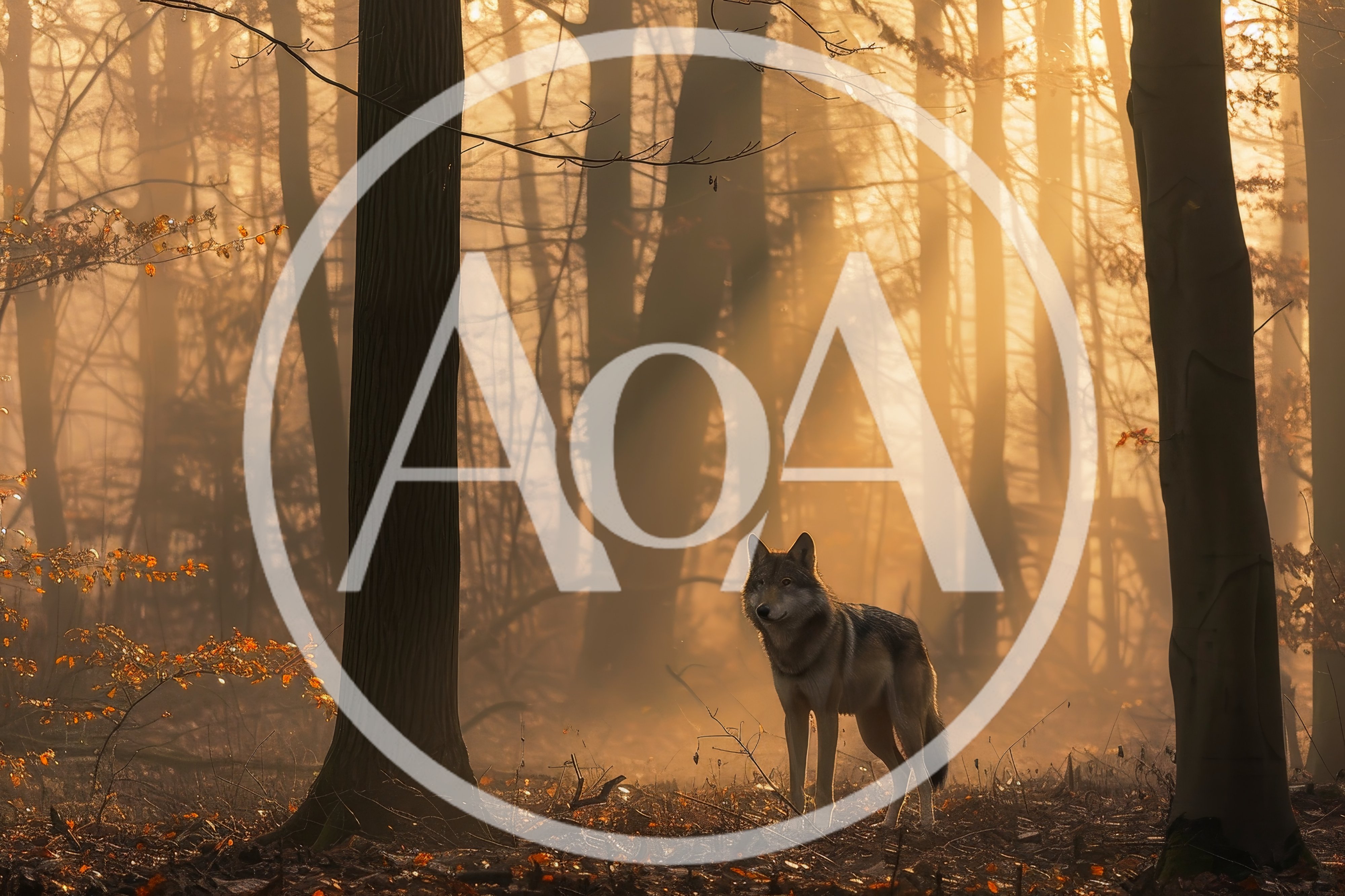 Gray Wolf Standing in Misty Golden Forest
