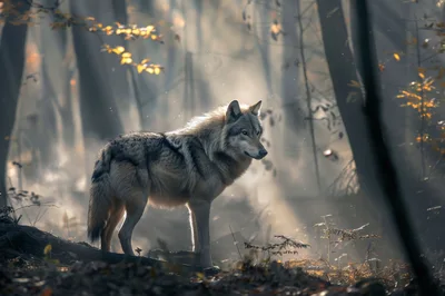 Majestic Gray Wolf Standing In A Misty Forest