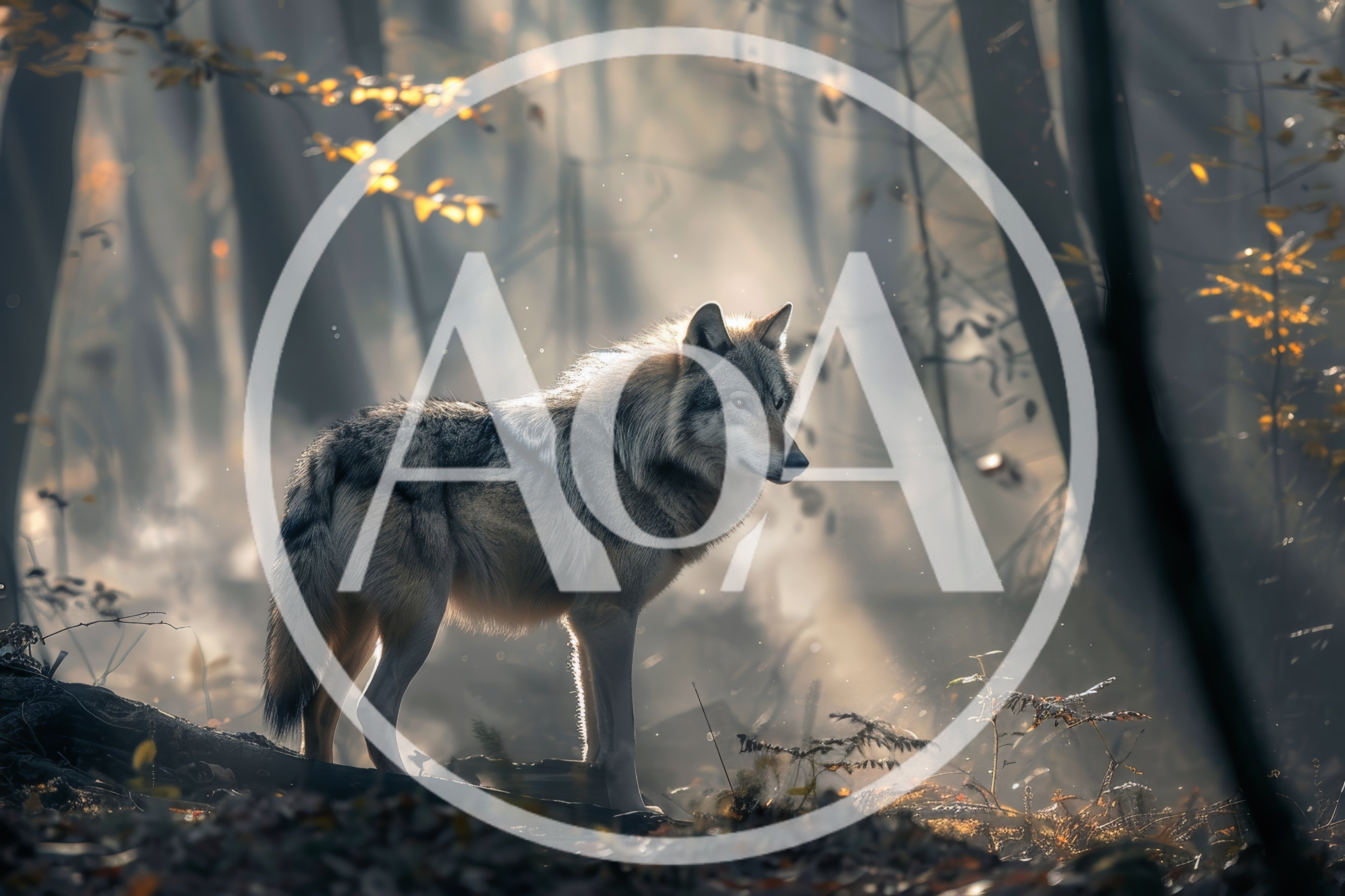 Majestic Gray Wolf Standing In A Misty Forest