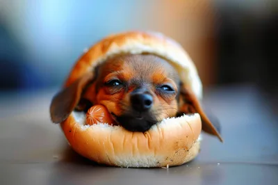 Cute Dachshund Puppy Resting Inside A Hot Dog Bun