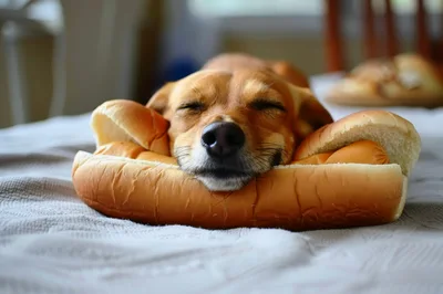 Cute Dog Sleeping Inside A Hot Dog Bun
