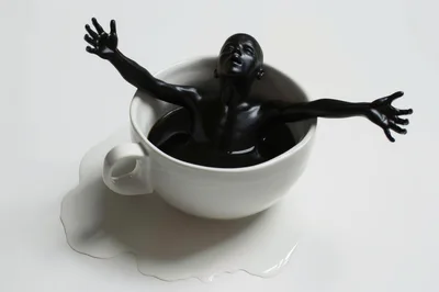 Surreal Black Human Figure Emerging From Coffee Cup