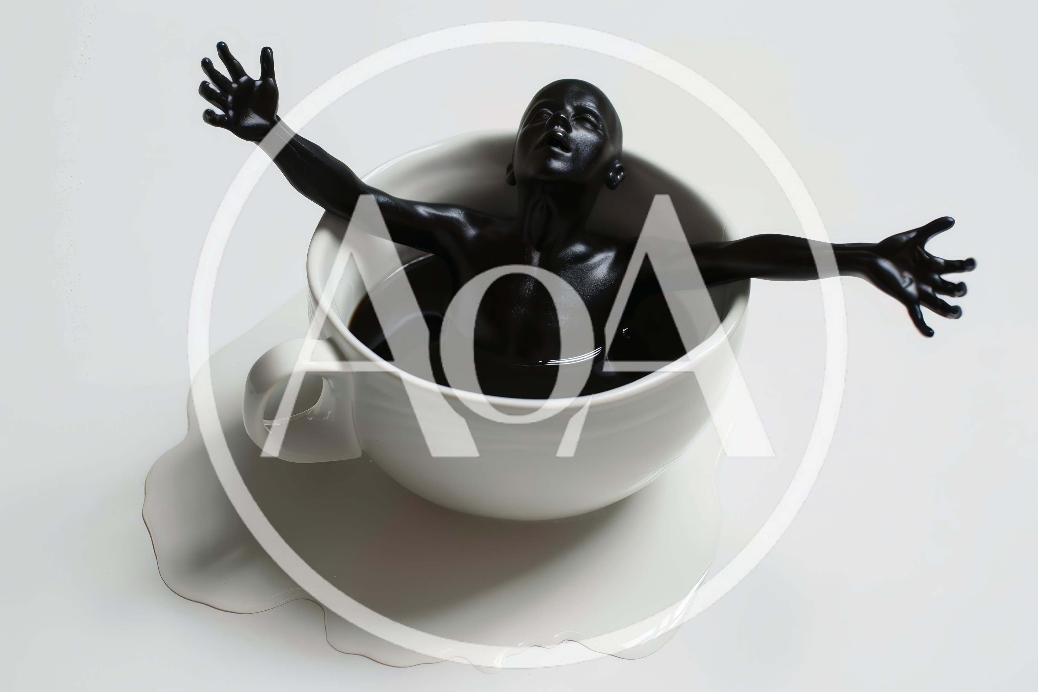 Surreal Black Human Figure Emerging From Coffee Cup