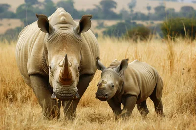 Adult White Rhinoceros With Calf In Savanna