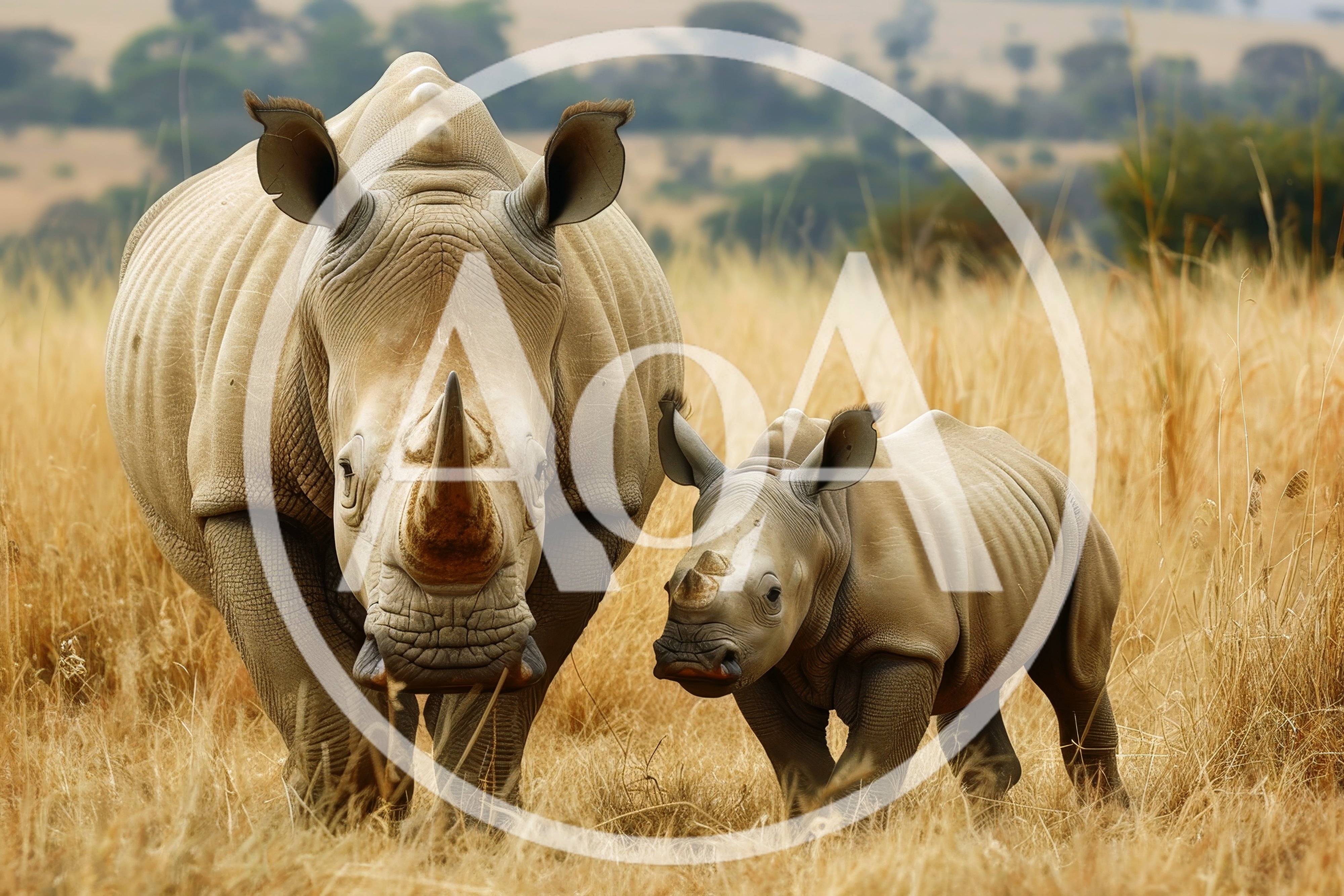 Adult White Rhinoceros With Calf In Savanna