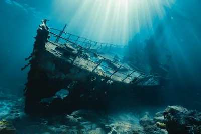 Sunken Shipwreck Resting On The Ocean Floor
